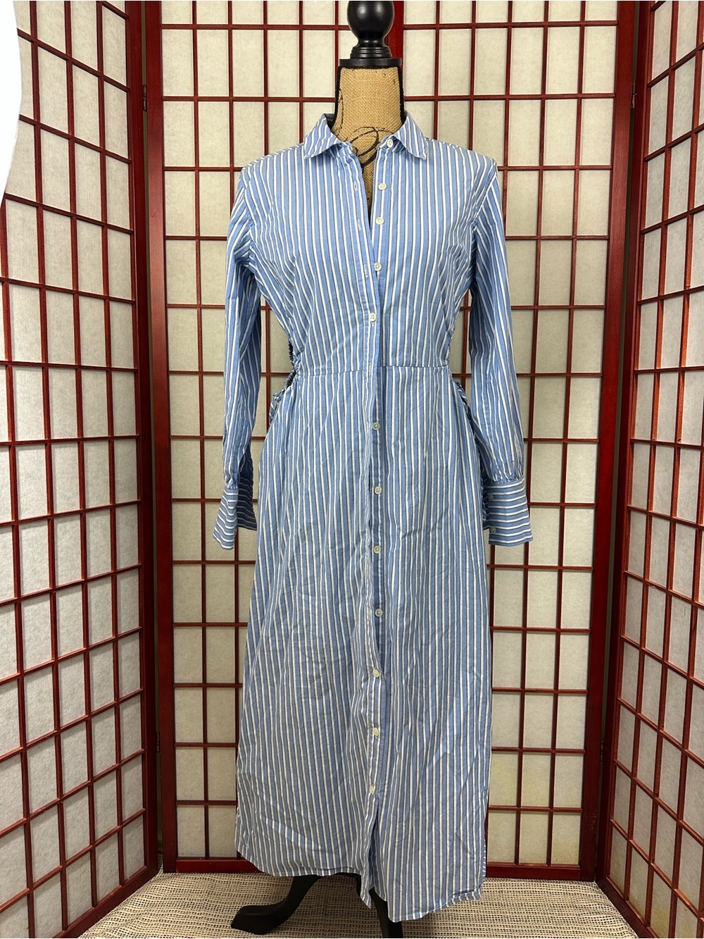 Rails Blue Holly Stripe Long Sleeve Collared Midi Shirt Dress Casual